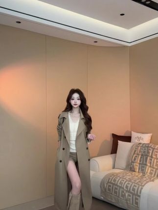 风衣外套女款2025新款高级感廓形大翻领双排扣长款气质卡其色大衣#女士外套#中长款大衣#秋冬风衣