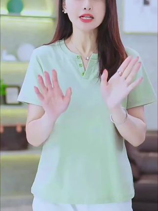 2025夏季新款正肩亨利领短袖t恤女休闲纯色洋气减龄透气时尚上衣