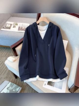 HONG JIA LIN/虹嘉琳大码胖mm假两件v领连帽新款慵懒风卫衣【Z104】#假两件连帽卫衣#多色可选#面料柔软舒适#谁穿谁好看