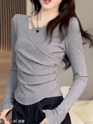 性感风长袖千金风学院风方领T恤内搭打底衫抽绳t恤显瘦设计感镂空#打底衫搭配 #洋气小衫 #内搭外穿都好看