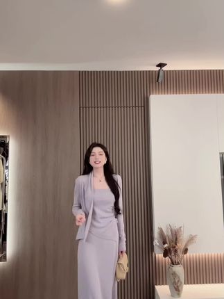 抽绳设计针织开衫外套+V领性感中长款针织吊带连衣裙女 60626#氛围感连衣裙 #裙子 #法式裙子 #针织衫 #连衣裙