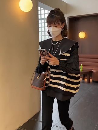新款韩版条纹背心荷叶边娃娃领衬衣长裤三件套#秋款穿搭 #女装#显瘦穿搭#简约大气#通勤搭配