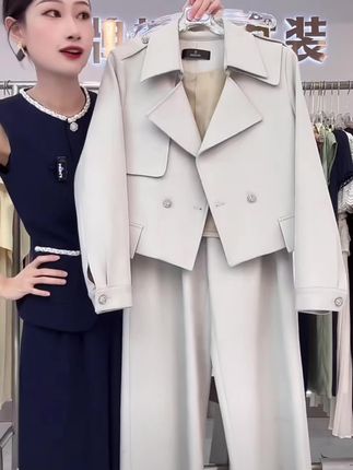 0330西装套装女2025春秋法式气质御姐短款风衣外套阔腿裤两件套#高级感穿搭 #时尚洋气减龄穿搭 #气质套装穿搭