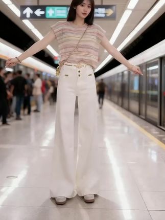 #女装白色简约高腰微喇牛仔裤女2025春夏新款宽松舒适长裤#白色牛仔裤#微喇牛仔裤 #喇牛仔裤