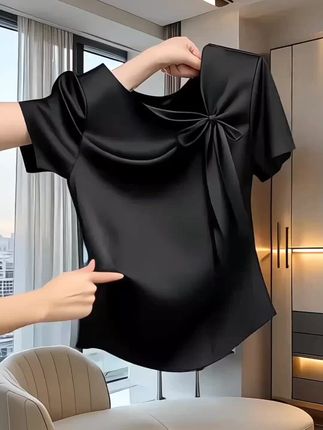 法式蝴蝶结短袖T恤女2025夏季超好看时尚百搭显瘦黑色设计感上衣