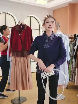 【F休闲条纹拼接衬衫设计减龄上衣秋季气质潮流双扣翻领假两件】