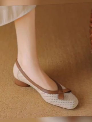羊皮版真皮洋气浅口拼色蝴蝶结低跟软底单鞋女夏季新款镂空女鞋#时尚美鞋 #优雅气质 #夏季凉鞋 #软底软面穿上超舒服 #新款女鞋