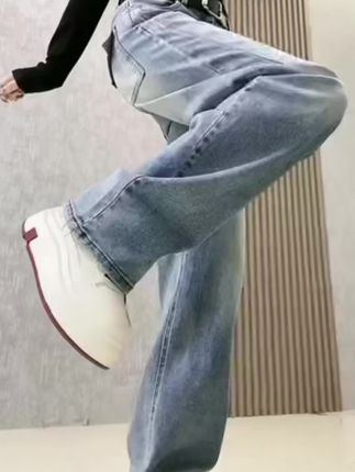 春季直筒工装牛仔裤窄版阔腿裤女款爆款2025新款大码微胖显瘦长裤#牛仔裤
