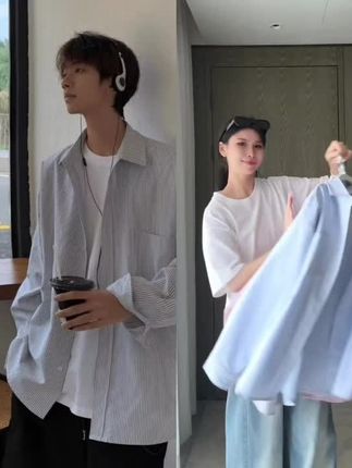 韩版设计感百搭条纹宽松蓝色流行衬衫衬衣青春港风小众#慵懒风穿搭 #男生穿搭 #帅气穿搭 #时髦穿搭 #衬衫穿搭