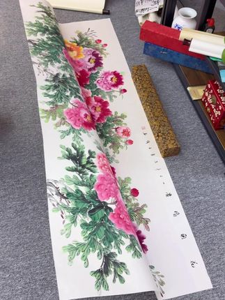 手绘《花开富贵》六尺横幅客厅挂画#翻翻我家的文玩好东西 #花开富贵 #国画牡丹 #手工画