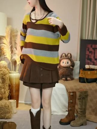 纯欲慵懒风V领条纹针织衫长袖女2025春秋新款宽松显瘦打底上衣#
