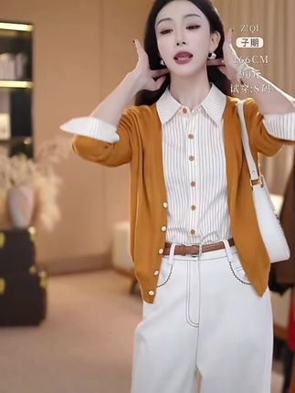 江洲【彦可】秋季新款OL风条纹衬衣拼毛织假两件设计款羊毛长袖上衣@DOU+小助手