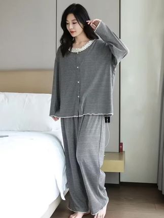 秋季条纹睡衣大码女胖mm春秋季纯棉宽松开衫家居服200斤加宽加大#家居服睡衣#秋季穿搭 #条纹家居服#睡衣套装