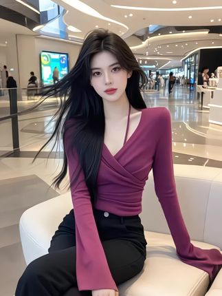 2025春秋新款御姐交叉V领内搭打底衫女气质褶皱修身收腰长袖上衣