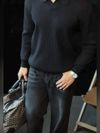 轻熟风春秋新款条纹翻领男生毛衣纹理弹力宽松针织POLO衫长袖线衫#穿出高级感 #品质男装 #男生穿搭 #秋季新款 #长袖衬衫