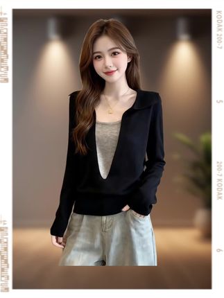 2025春秋新款复古假两件撞色长袖针织衫女时尚百搭显瘦上衣#早秋穿搭 #春秋穿搭 #遮肉显瘦 #百搭显瘦