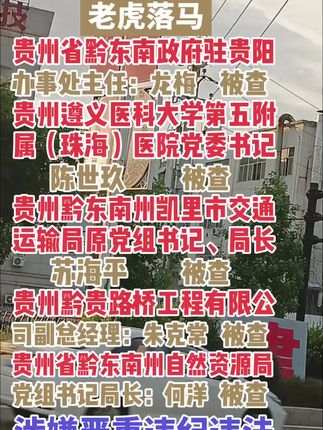 贵州省又有5名处级“老虎”落马,分别是;龙梅、陈世玖、苏海平、朱克常、何洋。涉嫌严重违纪违法,目前正接受纪委监委纪律审查和监察调查。#中央巡视组 #贵州省 #反腐倡廉 #严厉打击违法犯罪 #传递正能量 @wang君 {正义再前行}