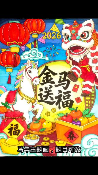 新年主题画(含线稿图)送给粉丝宝宝 #马年主题画 #新年快乐主题画 #手抄报线稿图可打印