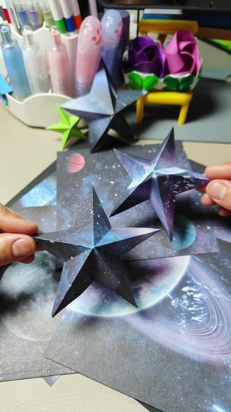 一剪刀立体五角星,银河星球手工纸#折纸