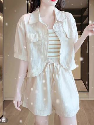 2025夏季新款时尚防晒衫上衣衬衫 短裤洋气三件套小个子休闲套装女