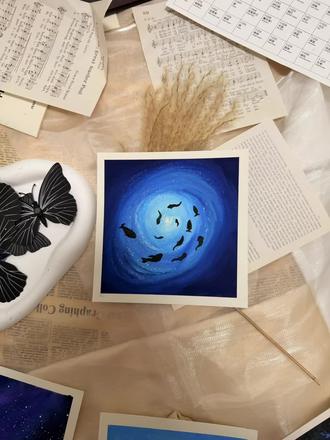 30岁自学油画棒第68天,⭐海鱼游~把心事折成鱼的形状,让它游向深蓝的星穹,在光的漩涡里,寻一处温柔归处。#手绘画教程 #绘画手绘 #手绘作品 #油画棒教程 #30岁的女人