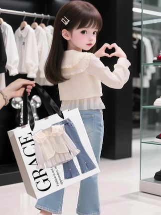 女童甜美娃娃领衬衫牛仔裤套装! #不同身材的女生如何扬长避短 #早秋秀场抄作业告别路人感 #说好的随便穿穿去看秀 #女宝穿搭#甜美穿搭 @抖加🔥上热门🔥dou+🔥热点宝