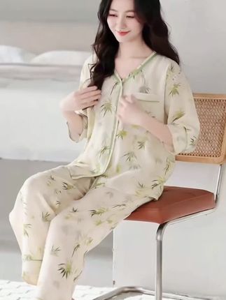浪莎带胸垫甜美外穿高品质云朵棉七分袖长裤家居服套装。#家居服 #舒适百搭 #谁穿谁好看 #穿搭技巧