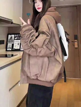 中秋抖音旗舰美拉德做旧机车皮衣棉服男冬季夹棉加厚美式潮牌连帽棉衣情侣外套#潮流穿搭 #皮衣