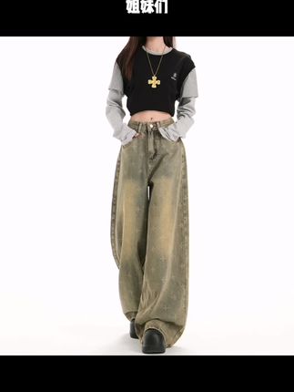新款复古重工小众十字星满印设计牛仔裤女宽松休闲水洗做旧直筒裤#辣妹穿搭 #夏季穿搭 #裤子穿搭 #牛仔裤