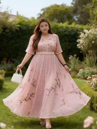 XYD71658桃花印花优雅长裙珍珠雪纺大码女装连衣裙气质收腰大裙摆#寻美嘉鱼 #庆国 #ai夏日浅笑 #欢迎交流探讨