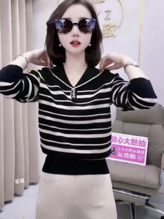 【80-160斤】海军领翻领条纹套头针织衫2025秋冬打底长袖上衣女318#海军领上衣 #翻领上衣 #针织衫 #打底长袖