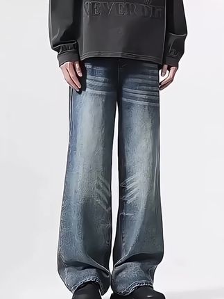 超大码8XL280斤美式复古阔腿牛仔裤男春季潮牌痞帅oversize直筒裤#显高显瘦显腿长 #百搭裤子 #高级感穿搭 #男士牛仔裤#男士复古牛仔裤