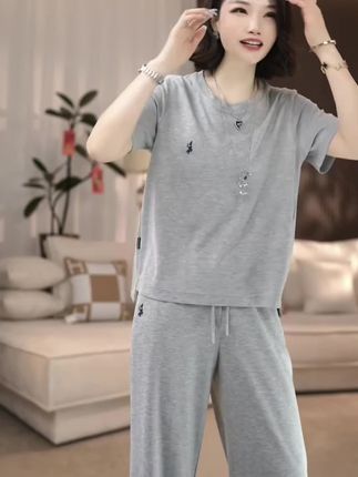 品牌正品 POLOGWON/保罗-圆领短袖(下摆前短后长)+长裤夏季套装#夏季穿搭清凉一夏 #今日穿搭#高级感穿搭 #显瘦穿搭 #女生穿搭