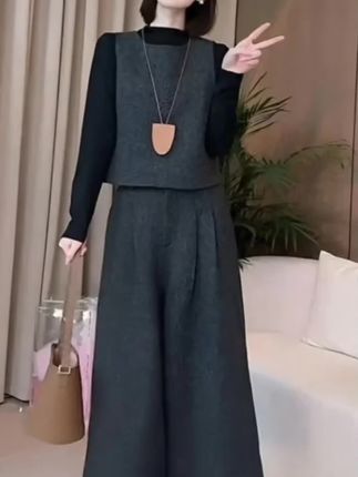 2025年秋冬季新款高级感毛呢时尚马甲套装女气质九分阔腿裤三件套#高级感穿搭 #气质穿搭 #遮肉显瘦