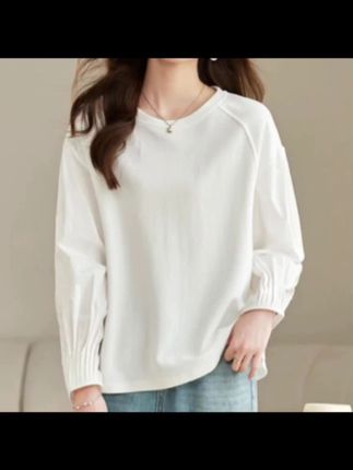 110-200斤大码女装衬衫袖拼接圆领长袖上衣T恤正肩打底衫#大码女装 #微胖女生的穿搭秘籍 #简约基础穿搭太耐看了 #圆领T恤#幼态不了那就大大方方