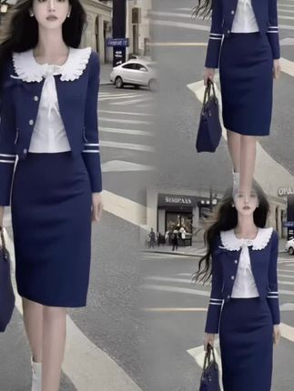 #上热门 休闲风气质显瘦氛围感穿搭长袖短款外套百搭内搭中长裙深蓝色套装#每日分享 #女神穿搭 #优雅气质 #清纯女神