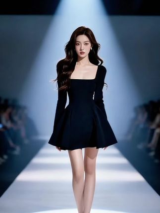 法式黑色方领长袖连衣裙子女2025新款春秋高级感收腰气质小黑裙