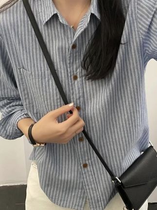 「复古日系 条纹衬衫」成衣水洗 100%棉 春秋宽松百搭纯棉衬衣S020