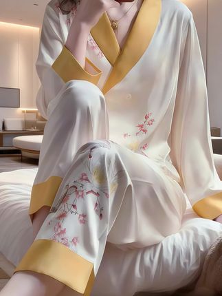 把“国风雅致”穿在身上!轻奢国风冰丝家居服💗 宝子们!谁能拒绝这套把“东方美学”焊在身上的冰丝睡衣啊✨ 缎面质感丝滑到犯规,贴肤就像被月光温柔包裹,夏天透气不黏腻,春秋穿着尽显温婉气质!   设计真的绝绝子,淡雅的米白底色搭配明黄包边,再加上精致的花鸟刺绣,穿上瞬间化身江南古典美人,宅家自拍都像在拍古风大片~宽松的版型对各种身材都友好,不管是躺平追剧还是睡前护肤,舒适与美感直接拉满!   做工更是没话说,缝线细腻牢固,真丝面料耐穿又显高级。现在入手,每天回家换上它,就是一场沉浸式的“国风变装秀”,精致感直接焊在身上💯 喜欢国风、追求品质的姐妹,这款闭眼入不踩雷!#一套好的衣服可以让你不动声色的美 #舒适度高的睡衣推荐 #美出高级感 #国风古韵 #好不好看你们说了算