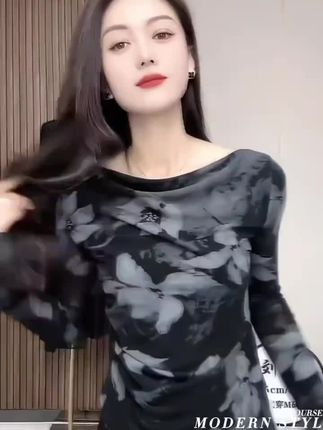 不规则上衣荡领印花网纱长袖T恤女2025年秋季新款时尚套头打底衫