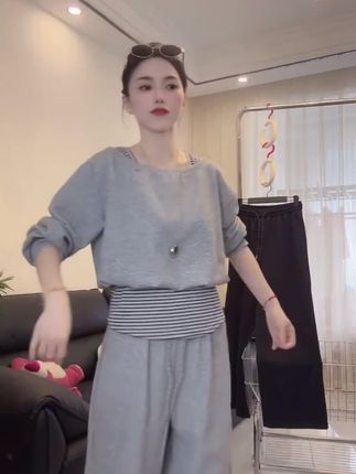 韩系学院风套装女秋季新款不规则斜肩T恤休闲裤两件套#谁穿谁好看 #修身显瘦 #品质女装