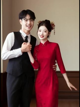 秋冬红色新娘改良新中式显瘦长旗袍年轻少女订婚结婚敬酒回门礼服#新中式礼服#婚纱照