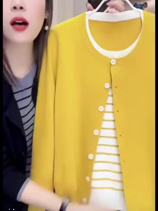 2025年新款拼色假两件针织长袖拼接撞色秋季设计感长袖#女装