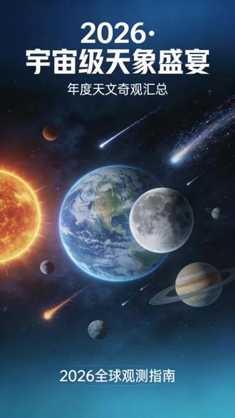 2026,抬头皆是浪漫。
从六星连珠到红月高悬,从彗星划过到流星满天,
宇宙把一整年的温柔与震撼,都藏进了夜空里。
用一场星光盛宴,为这一年画上圆满句点。
#探索宇宙 #天文奇观 #天文科普 #一起看星空