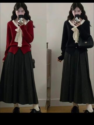 #秋冬穿搭#微胖女生 #大码女装韩系百搭蕾丝系带针织毛衣波点百褶裙半身裙两件套套装裙