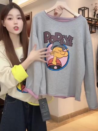 设计感动画人物印花圆领长袖T恤女2025早秋新款百搭休闲显瘦上衣 #宽松版型 #夏季新款 #显瘦遮肉 #百搭t恤 #宽松显瘦
