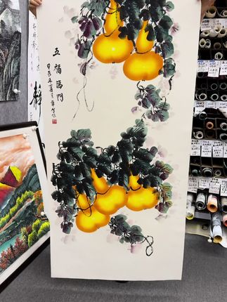 手绘五福临门玄关画 #纯手绘 #四尺 #葫芦吉祥 #文玩探宝 #翻翻我家的文玩好东西