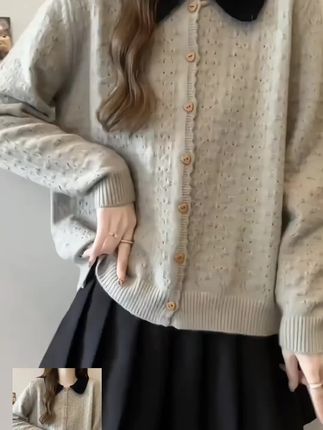 大码小香风娃娃领长袖针织开衫女秋季微胖MM气质宽松显瘦毛衣外套#针织开衫 #毛衣外套 #娃娃领针织开衫