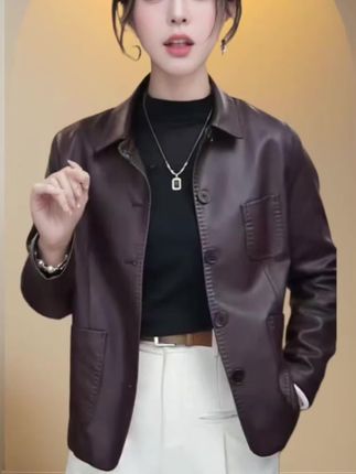 海宁正品2025春秋新款单里衬时尚休闲翻领气质皮衣外套女#小个子显高显瘦穿搭推荐 #服装品牌推荐 @DOU+小助手 @DOU+上热门