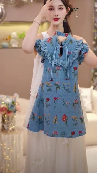 女童2026夏季新款洋气中式国风气质百花谱显瘦蓝色碎花旗袍裙#高端童装#母婴好物 #童装搭配 #每日童装穿搭分享 #宝妈推荐
